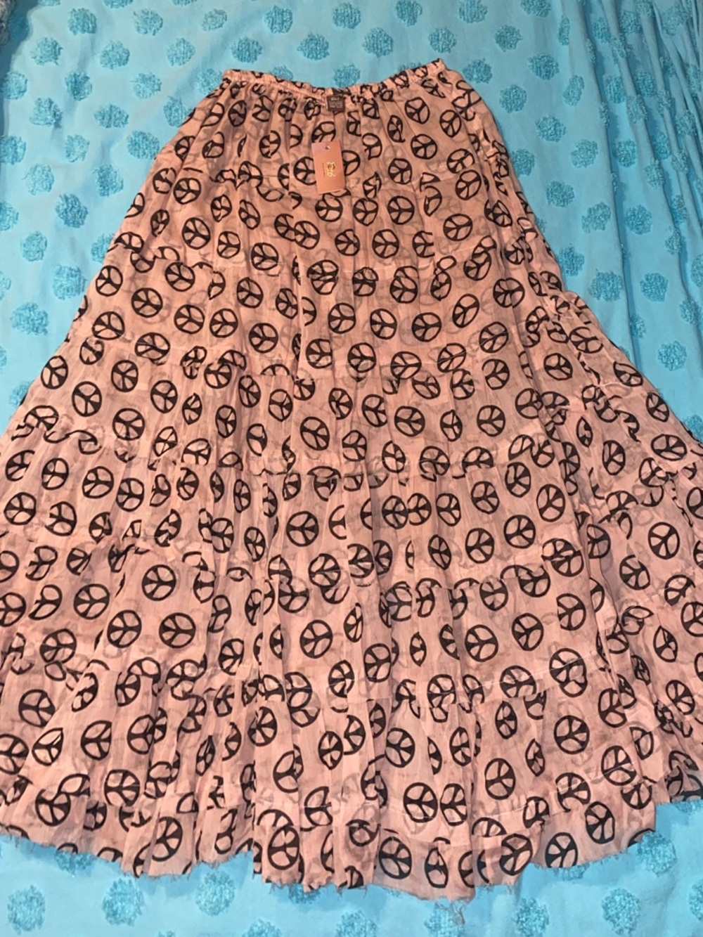Raj Peach Tiered Maxi Skirt with Black Peace Sign Motif Peach color